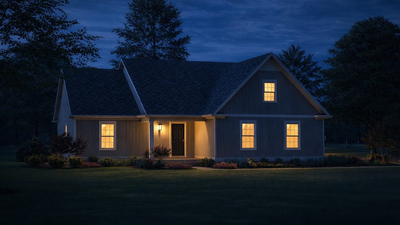Night time rendering of the Anthony a 1763 square foot, 3 bedroom, 2 bathroom ranch home.