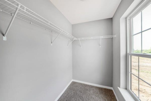 Walk-in closet with built-in shelving, hanging rods, and carpet flooring.