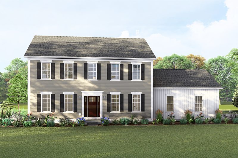 Main image of the Ashley with black shutters, clay horizontal siding, and white board and batten siding on the garage.