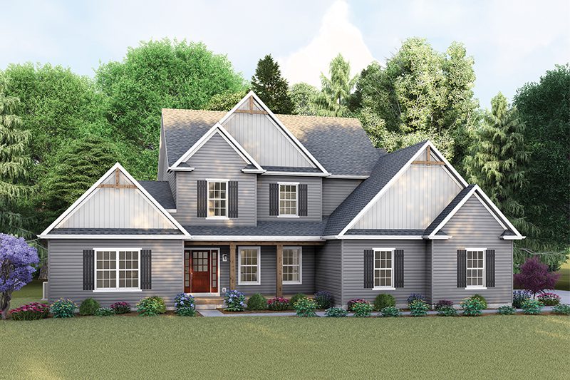 Main image of the updated Avery rendering with gray siding, white board and batten, black shutters and red door.