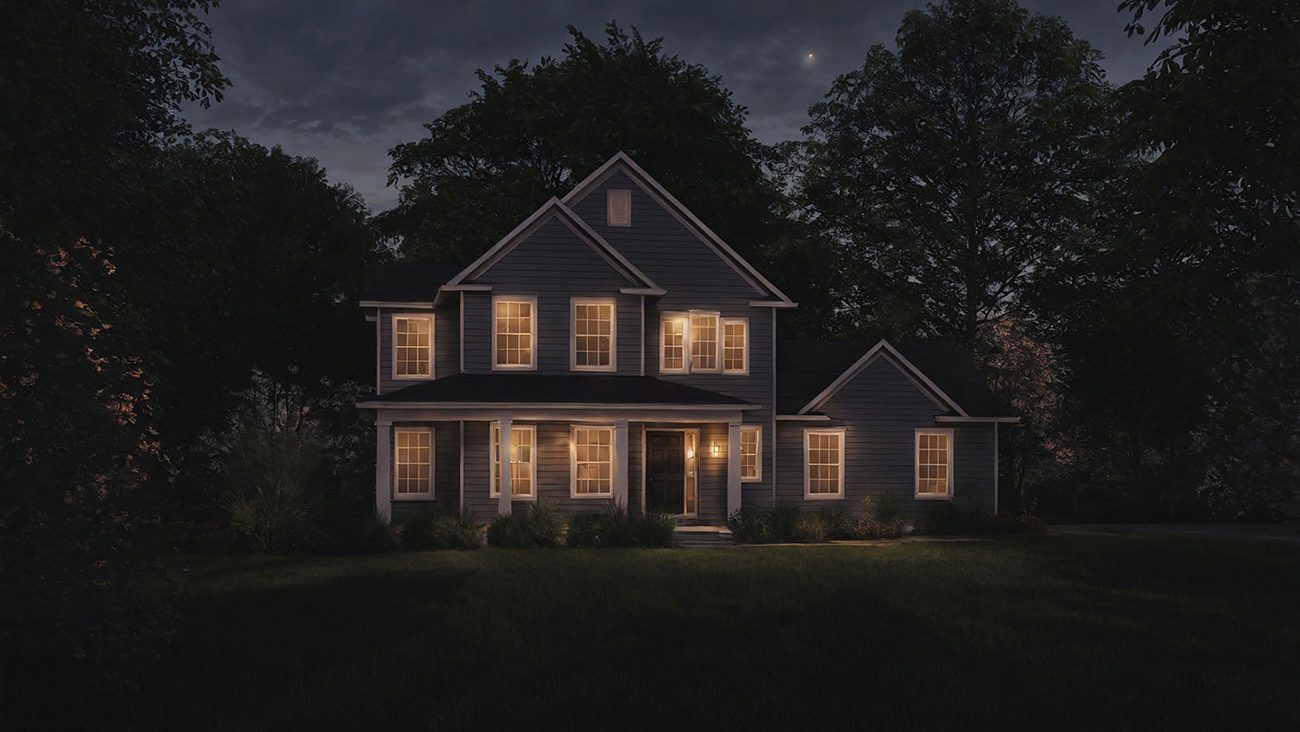 Night rendering of the Belmont two story new American floor plan with 2255 square feet.