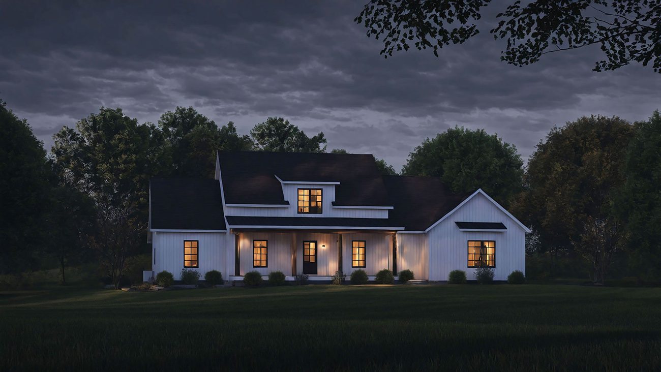 Night rendering of the Charles Pointe one-story Farmhouse style floor plan with 2524 square feet.
