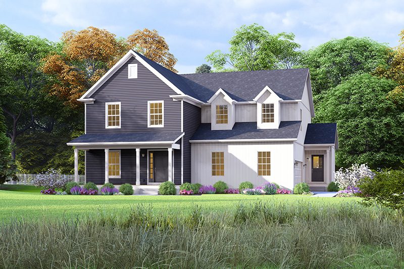 Main image of the Crestline rendering with blue and white siding.