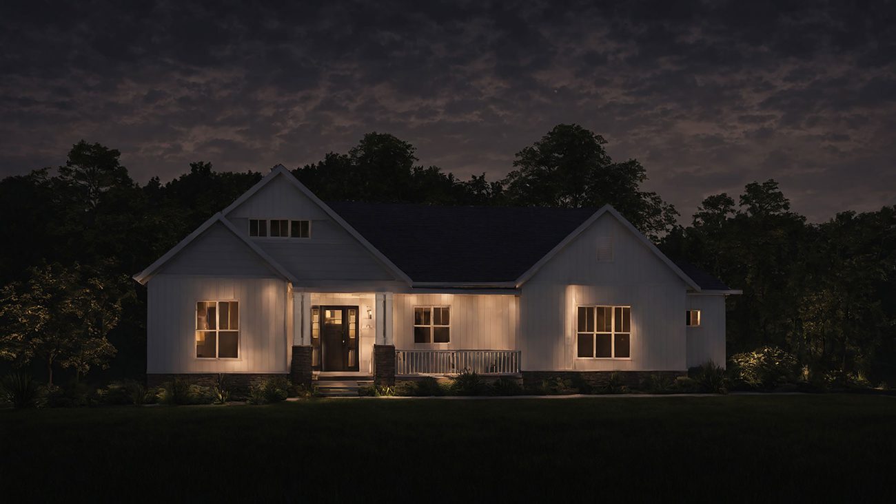 Night rendering of the Dover one-story Craftsman style floor plan with 1932 square feet.