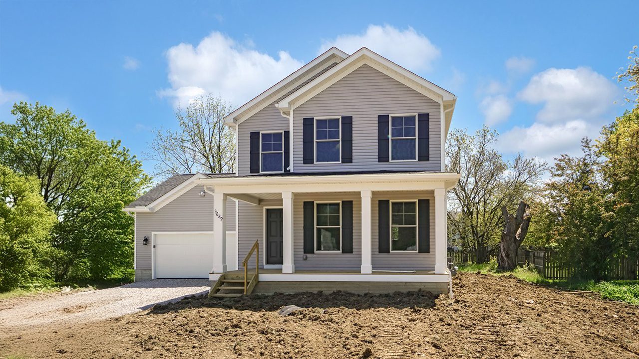 Video walk through photograph of the Franklin with gray siding.