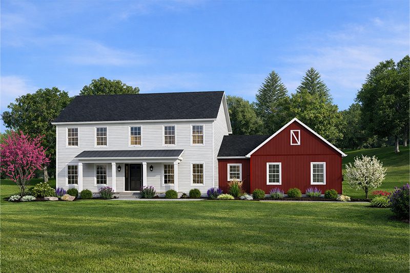 Main image rendering of the Madison II with white siding and gray board and batten on garage.