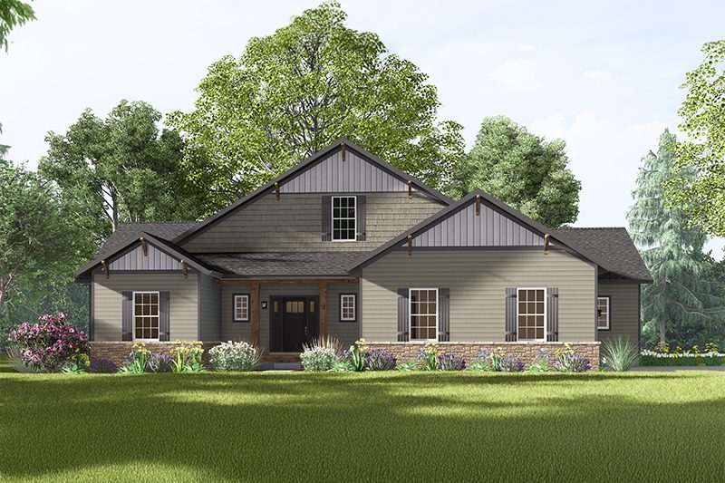 Main screen image of the glenbrooke with brown siding and gray board and batten in the gables.