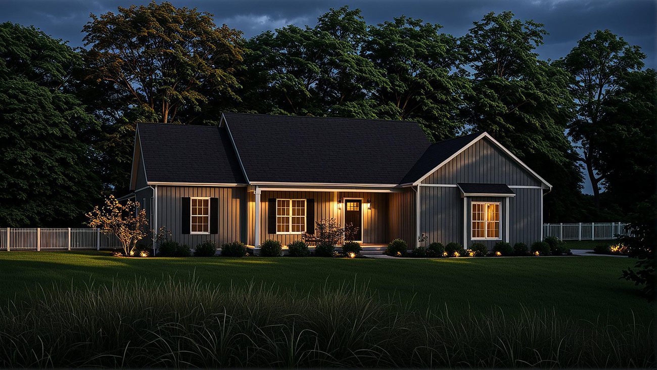Night rendering of the Ross one-story Cottage style floor plan with 1584 square feet.