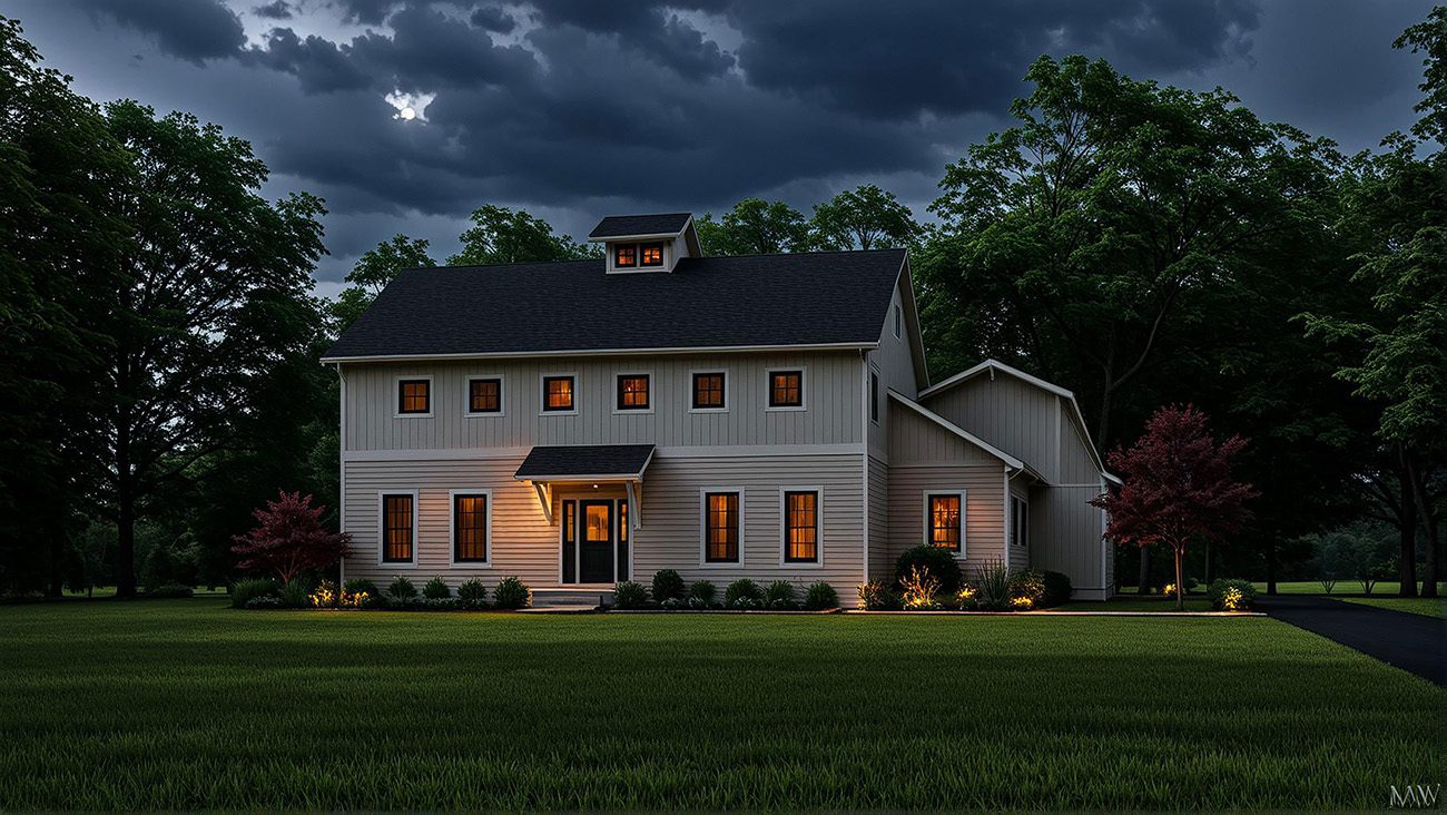 Day rendering of the Walnut Creek two-story Farmhouse style floor plan with 2878 square feet.