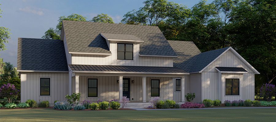 The Charles Pointe rendering with gray shingles, white board and batten and metal roof above the porch blog main photo image.