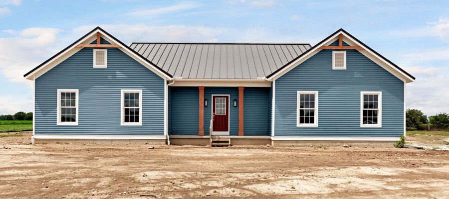 Cherry Creek design with Nautica blue siding and red front door.