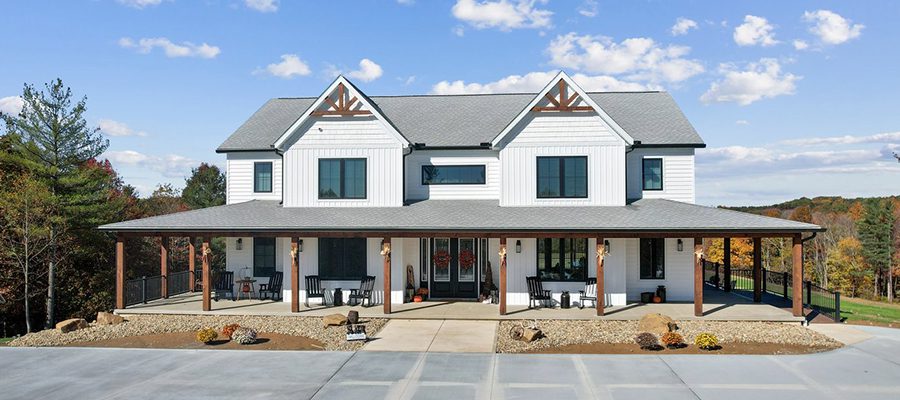 Two story farmhouse custom home located in Hocking Hills, Ohio.