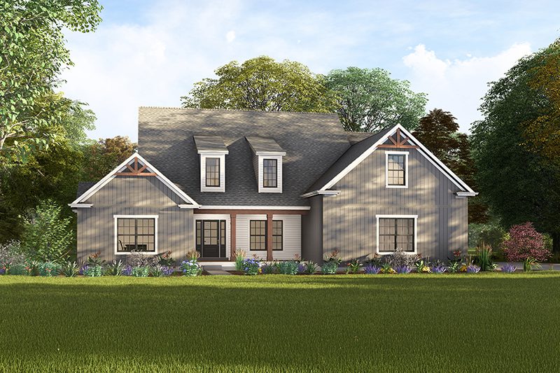 A main image rendering of the Sheridan a two story home with a gray exterior, accented with white trim and wooden details around the windows and roof.