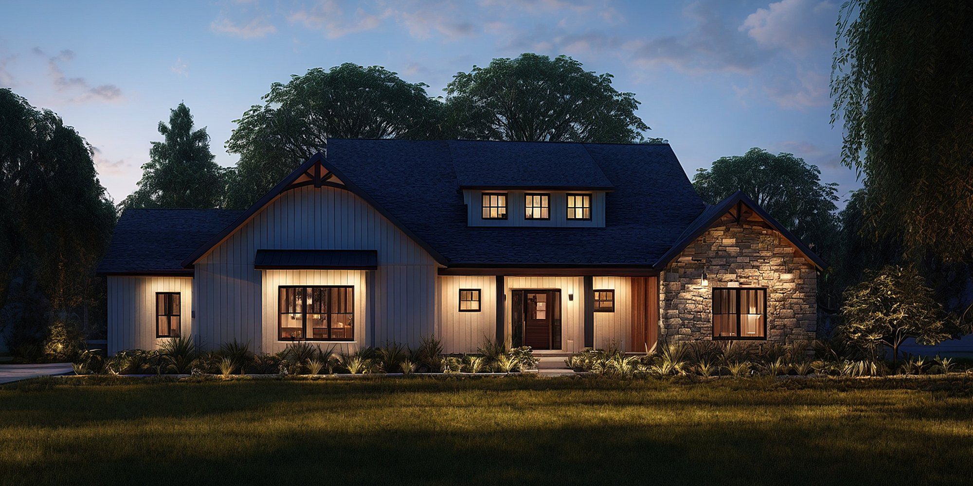 Widescreen Image of the Willow Hill during the evening - a 3600 square foot two story home.