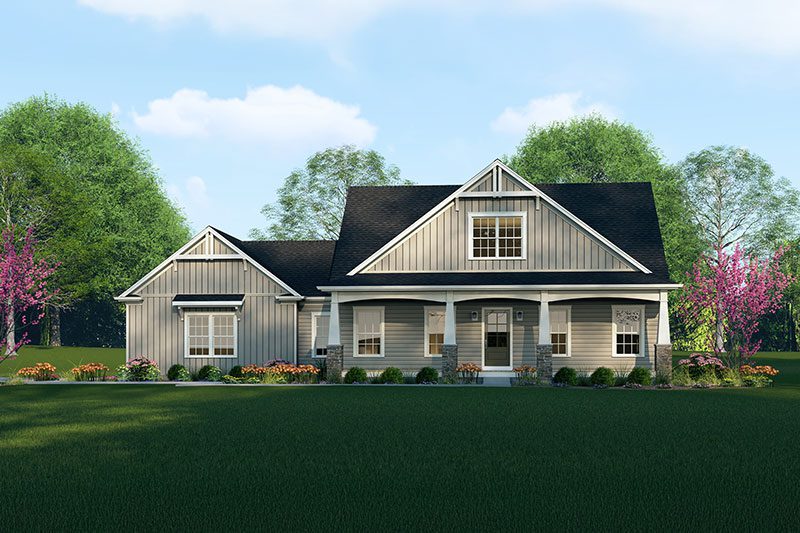 Rendering the Bellaire floor plan with tan siding and green grass