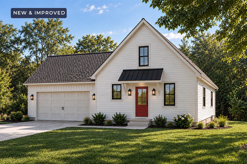 Main image of the Ashford with new banner can be a single family home or accessory dwelling unit design.