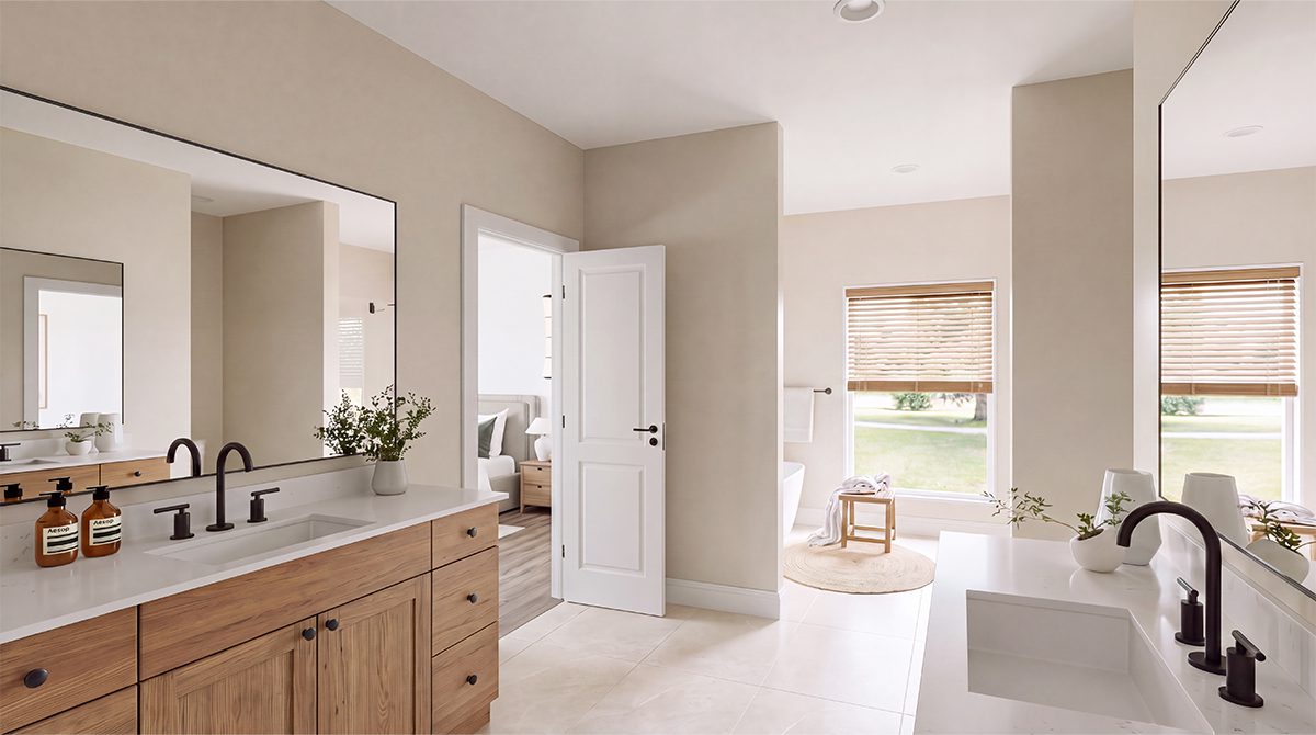 Primary bathroom with double vanity and walk-in shower