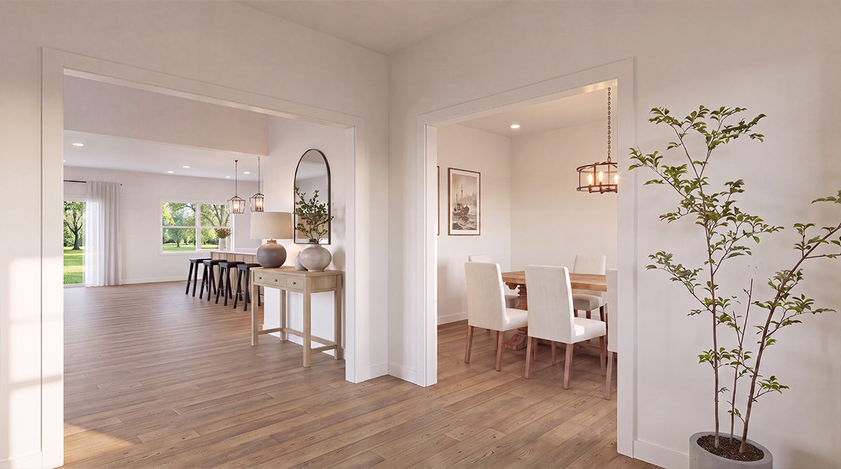 Open dining area with neutral finishes and hardwood floors