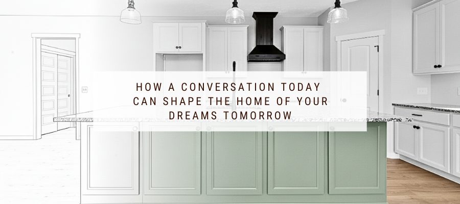 Image showing a design transition in a kitchen. On the far left, the room is shown as white line blueprint art with black lines. Moving to the right, the line drawing fades into a photo of the completed kitchen, which features white upper cabinets, a dark range hood, and a large central island painted a light sage green with a white granite countertop.