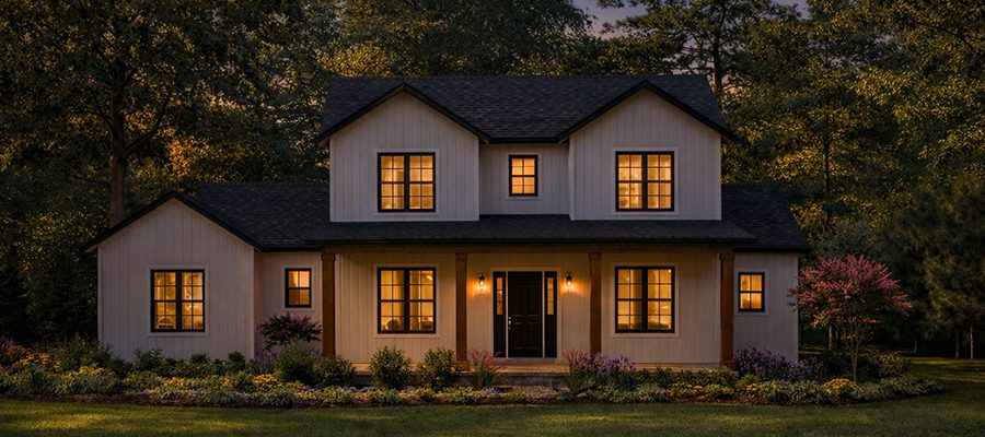 Night image of the everly a two story farm house design