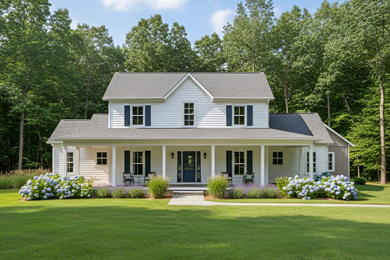 Main image of the hawhthorn a while farmhouse with blue shutters.