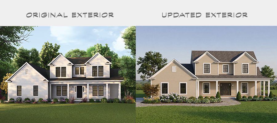 Original vs updated Wellston floor plan exterior showing improved curb appeal, modern siding, and enhanced front porch design