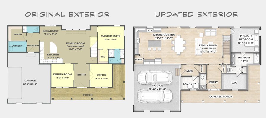 Wellston floor plan first floor comparison showing new open-concept kitchen and dining layout replacing separate dining room and office