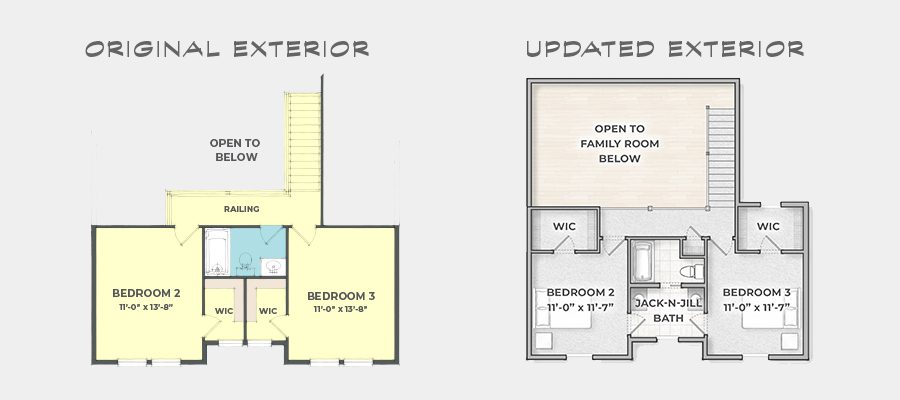 Wellston floor plan second floor comparison highlighting new Jack-and-Jill bathroom between bedrooms in updated custom home design
