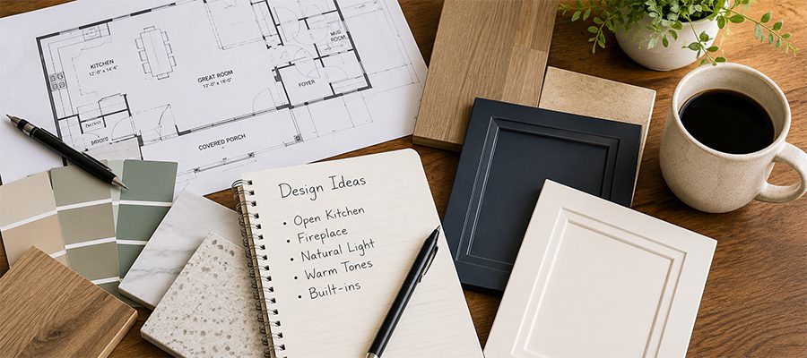 Flat lay of custom home design inspiration featuring a floor plan, paint color swatches, wood flooring and countertop samples, cabinet door styles, a notebook with design ideas, a pen, and a cup of coffee on a wooden table.