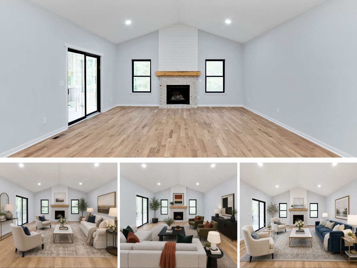 Empty family room room beside the same room decorated to show how furnishings help homeowners visualize a space.