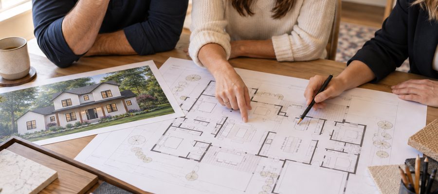 Homeowners reviewing a customizable floor plan with a home designer