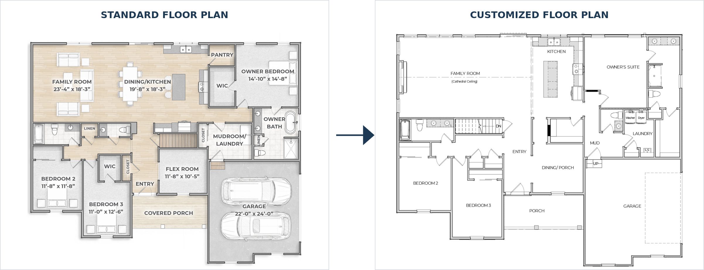 Standard Clark floor plan compared with a customized Clark floor plan